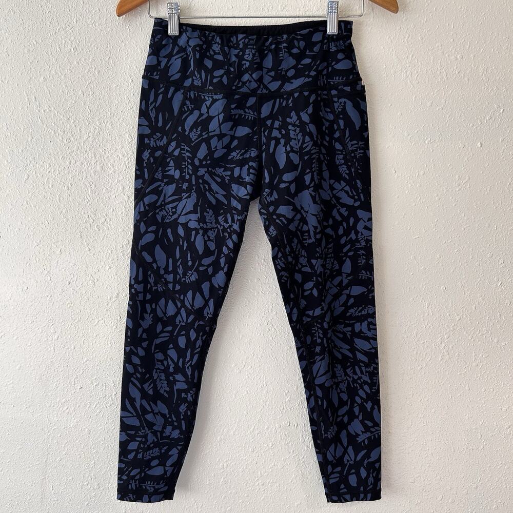 Sweaty Betty Power Leaf Print 7/8 Leggings Blue Black Stretch Pockets Women S